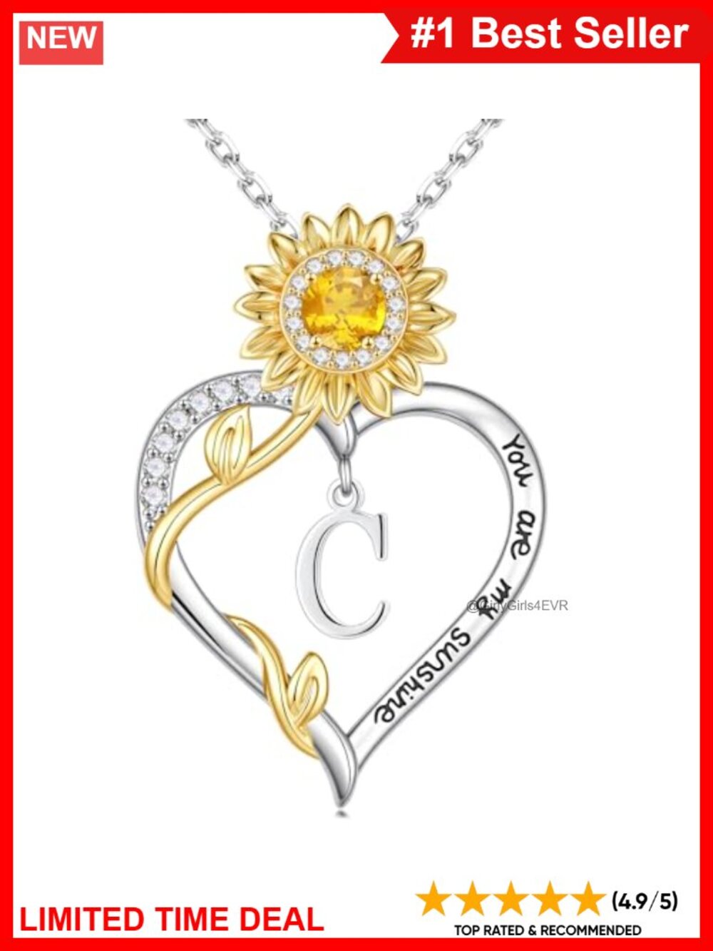14K White Gold Plated Initial Heart Sunflower CZ Pendant Necklace